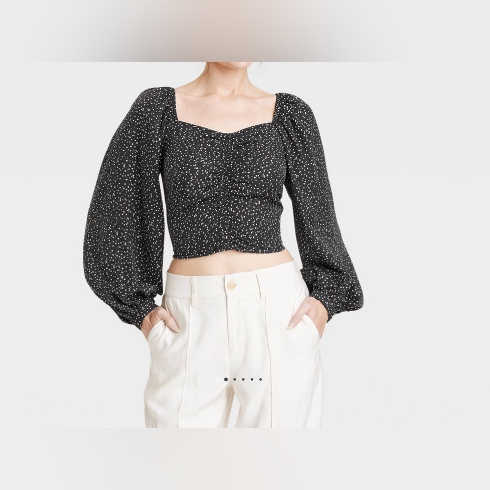 A NEW DAY WOMENS CROP TOP LONG BALLOON SLEEVES SMALL SIZE BLACK/WHITE